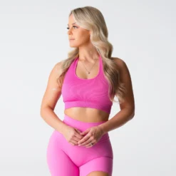 Bubble Gum Pink Limitless Ribbed Seamless Halter Bra -NVGTN Store DSC00091