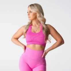 Bubble Gum Pink Limitless Ribbed Seamless Halter Bra -NVGTN Store DSC00092