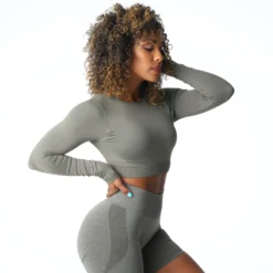 Khaki Green Journey Long Sleeve Seamless Bra Top -NVGTN Store DSC07492